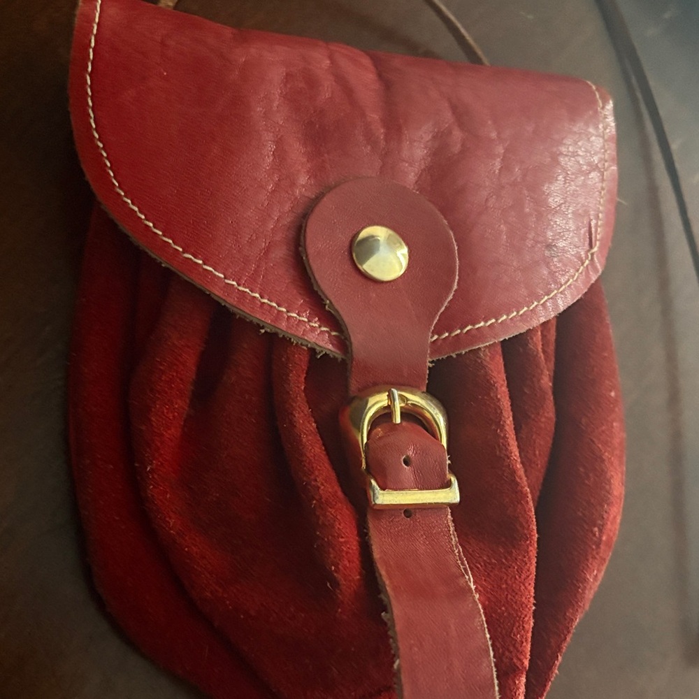 Cute red suede & leather purse long leather strap